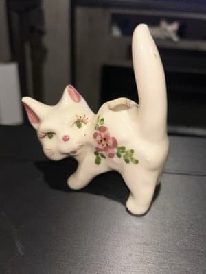 Vintage Glazed Pottery Cat Kitten- Pin Cushion, Ring Holder, Q Tip, Floral