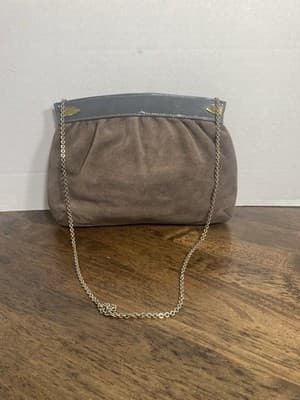 Vintage Crown Lewis Suede Bag Gold Chain Purse 1970s-1980s Clutch