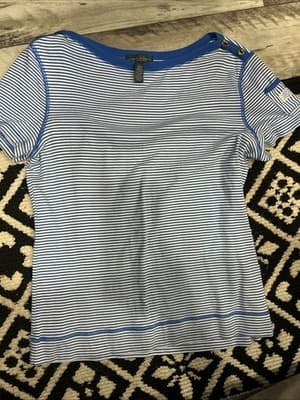 Ralph Lauren LRL Nautical Striped Preppy Shirt Boatneck Buttons Womens Size L
