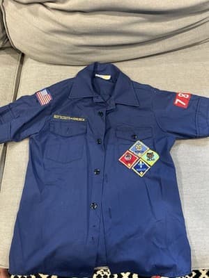 VTG BOY SCOUTS OF AMERICA Button Up Shirt Patches Size Youth 12 Navy Blue