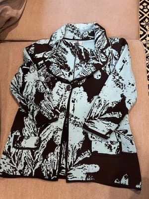 Chico's Black Cornflower Blue Open Front Cardigan Sweater Jacket Floral Silk-1