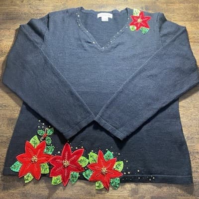 Bobbie Bell Black Christmas Poinsettia Sweater Size Large Holidays