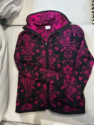 Chicos Cardigan Zip Up Sweater Sz 1 (8/10) Silk Blend Floral Pink Magenta Black