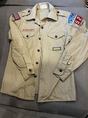 VTG BOY SCOUTS OF AMERICA Button Up Shirt Patches Size Youth 14 Long Sleeve