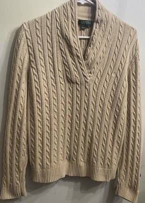 Lauren Ralph Lauren Cable Knit Shawl Collar Sweater All Cotton Size XL