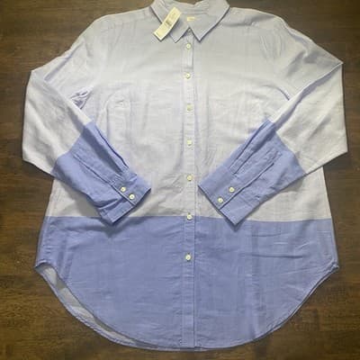 Ann Taylor LOFT The Softened Shirt Sz L Button Up Chambray Blouse Blue Ombré