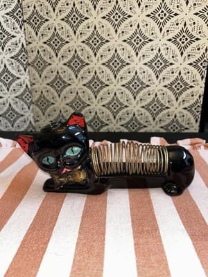 Vintage Black Cat Ceramic Letter Bill Holder Spring Pen/Pencil MCM