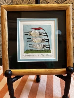 3 Sheeps To The Wind Art Painting Onion Creek Etching Signed Bandie