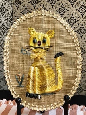 Raffia Woven Yellow Cat Wall Art Phillipines Farmhouse Country Vintage