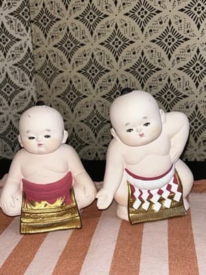 Pair Of Japanese Clay Hakata Doll Sumo Wrestlers Vintage