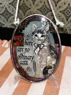 There Are No Ordinary Cats Amia Suncatcher Stained Glass Oval 5 Inch Vintage