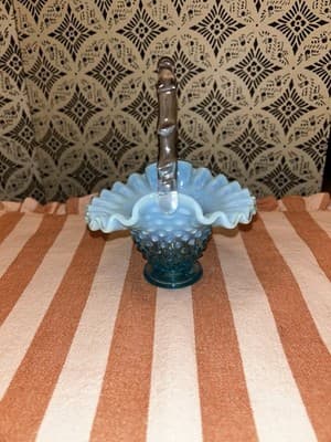 Fenton Blue Opalescent Hobnail Basket Blue Handle No Chips/Cracks EUC Vintage