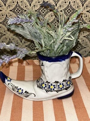 Pointed Boot Vase or Planter Glazed Figurine Mexican Boot With Faux Flowers