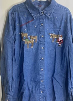 Christmas Denim Embroidery Santa & Reindeer Long Sleeves 2XL(20)Top Teachers