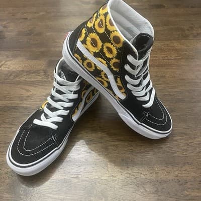Vans Off The Wall Sunflower Black Yellow Sneakers Teen Sz 6 Skater Girl Hippie