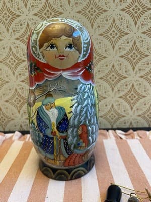 Rare Russian Nesting Doll w/ 7 Christmas Ornaments, Hand Crafted Painted, Signed