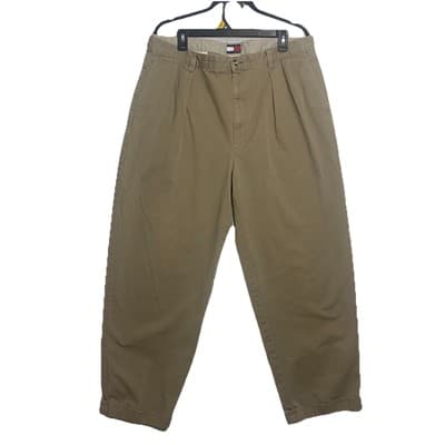 2000Tommy Hilfiger Mens 38x30 Tan Pleated Chinos Straight Cuff Dress Pants Crest