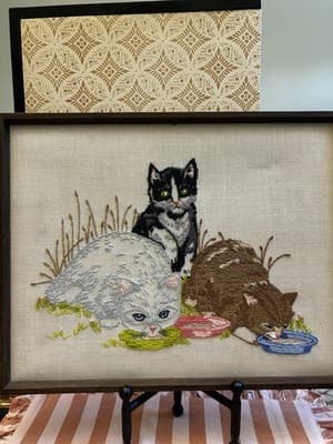 Vintage Framed Needlepoint Crewel Three Kitty Cats 15”x19”