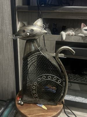 Deco Breeze Fan Cat Metal Sculpture Large Floor Desk Fan Kitty Brushed Silver