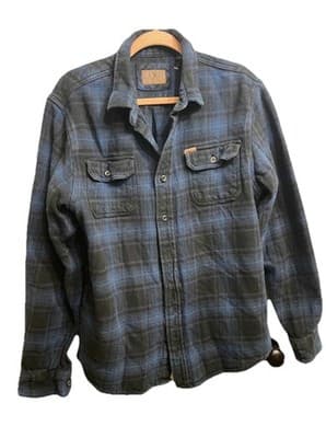 Orvis Classic Collection Heavy Blue & BlackPlaid Flannel Shirt Mens L Button Up