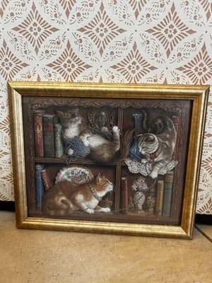 Mischief by Janet Kruskamp Framed Print Three Cats 11.25 x 9.25" Vintage