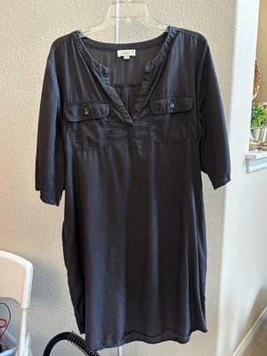 Loft Women's Causal Dark Gray Curve Hem Shirt Dress Size Large Pockets