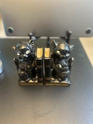 Black & Gold Cat Bookends Pen Holder Red Ware Made In Japan 1950s Spooky Vintage