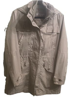 Kenneth Cole Reaction Womens Hooded Coat Taupe W Zip Out Quilted Liner Mid Leng