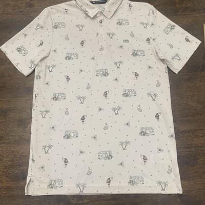 Travis Mathew Polo Men's Large Golf Off White Christmas Santa All Over Print