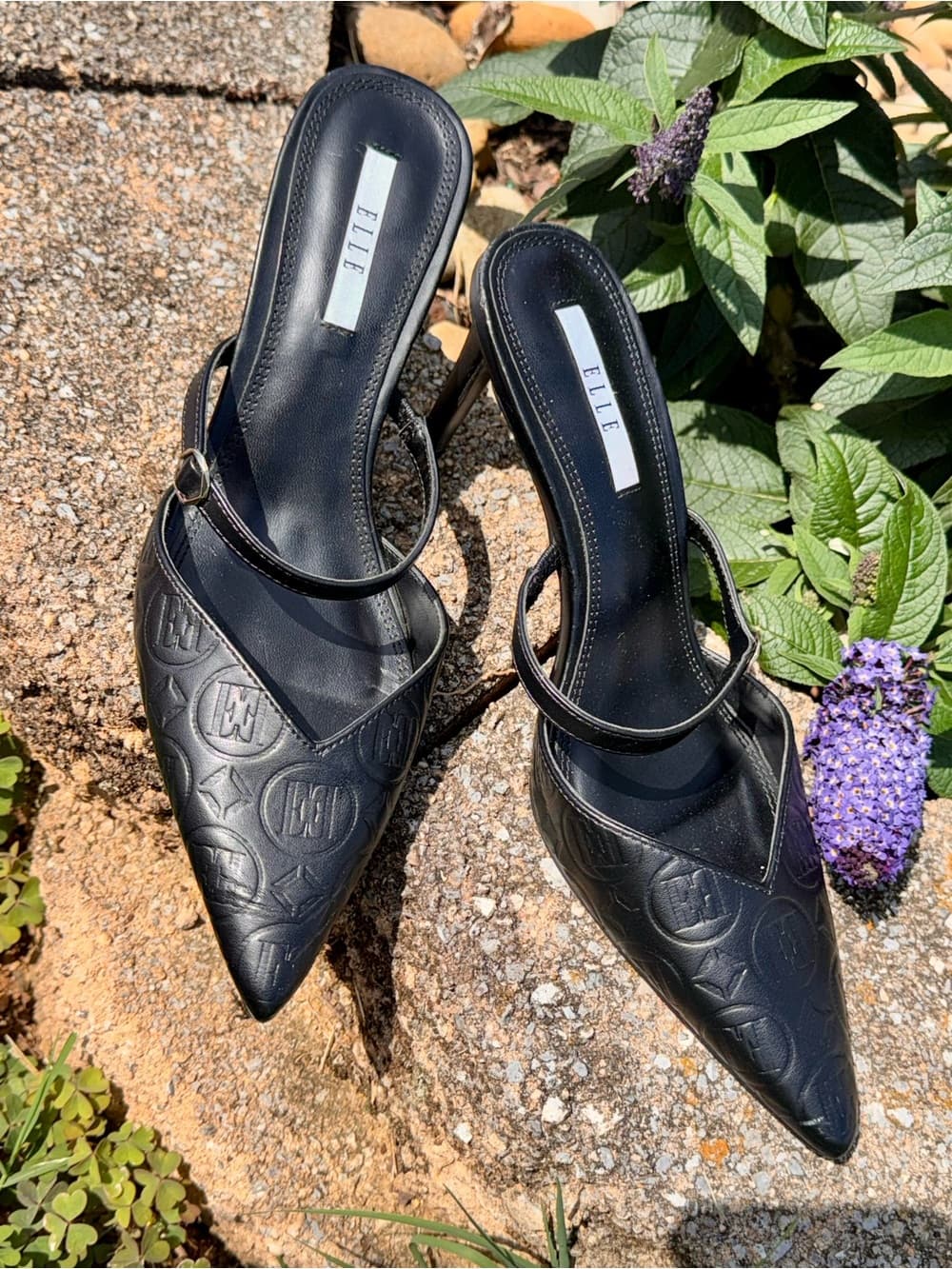 Elle Black Pointed Embossed Leather Mules with Strap Kitten Summer Sandals