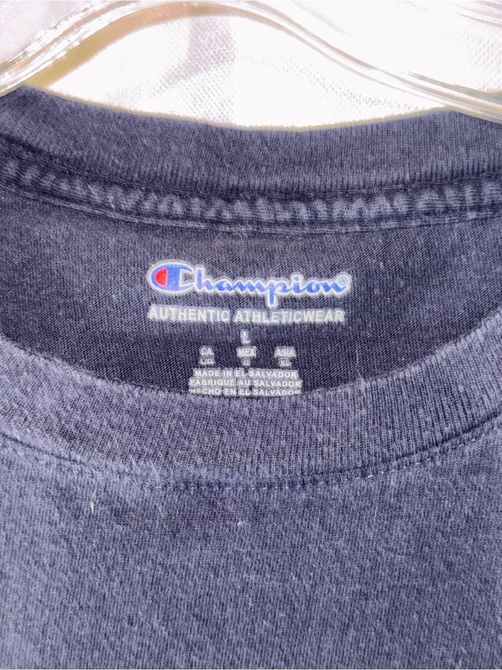 Champion Navy Short Sleeve Tee with White & Red Logo size Large athleisure gym