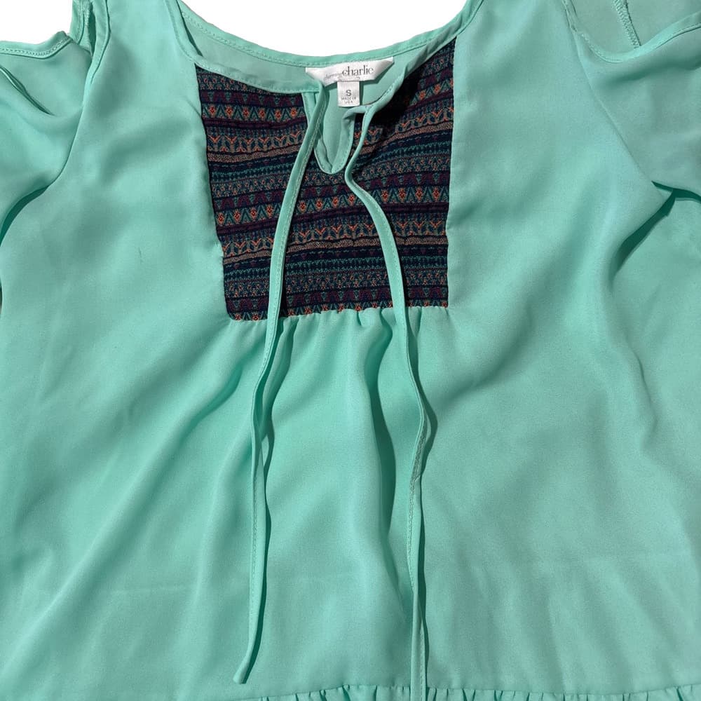 Charming Charlie Mint Cold-Shoulder Peasant Top with Embroidered Yoke