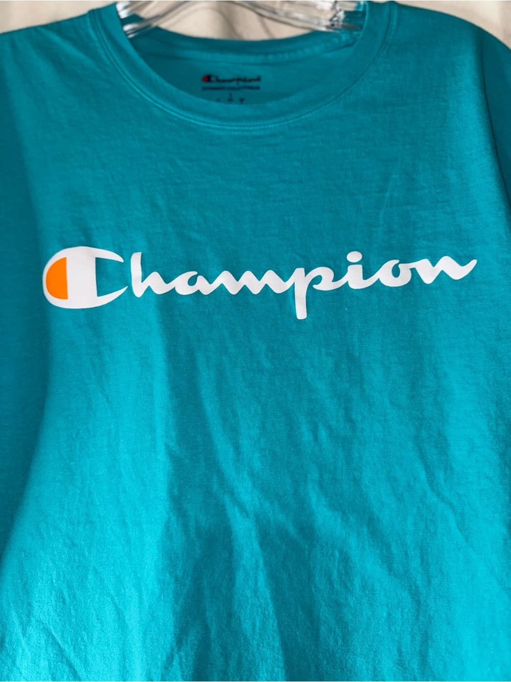 Champion Teal Script Logo T-Shirt size Large athletic wear athleisure gym tee