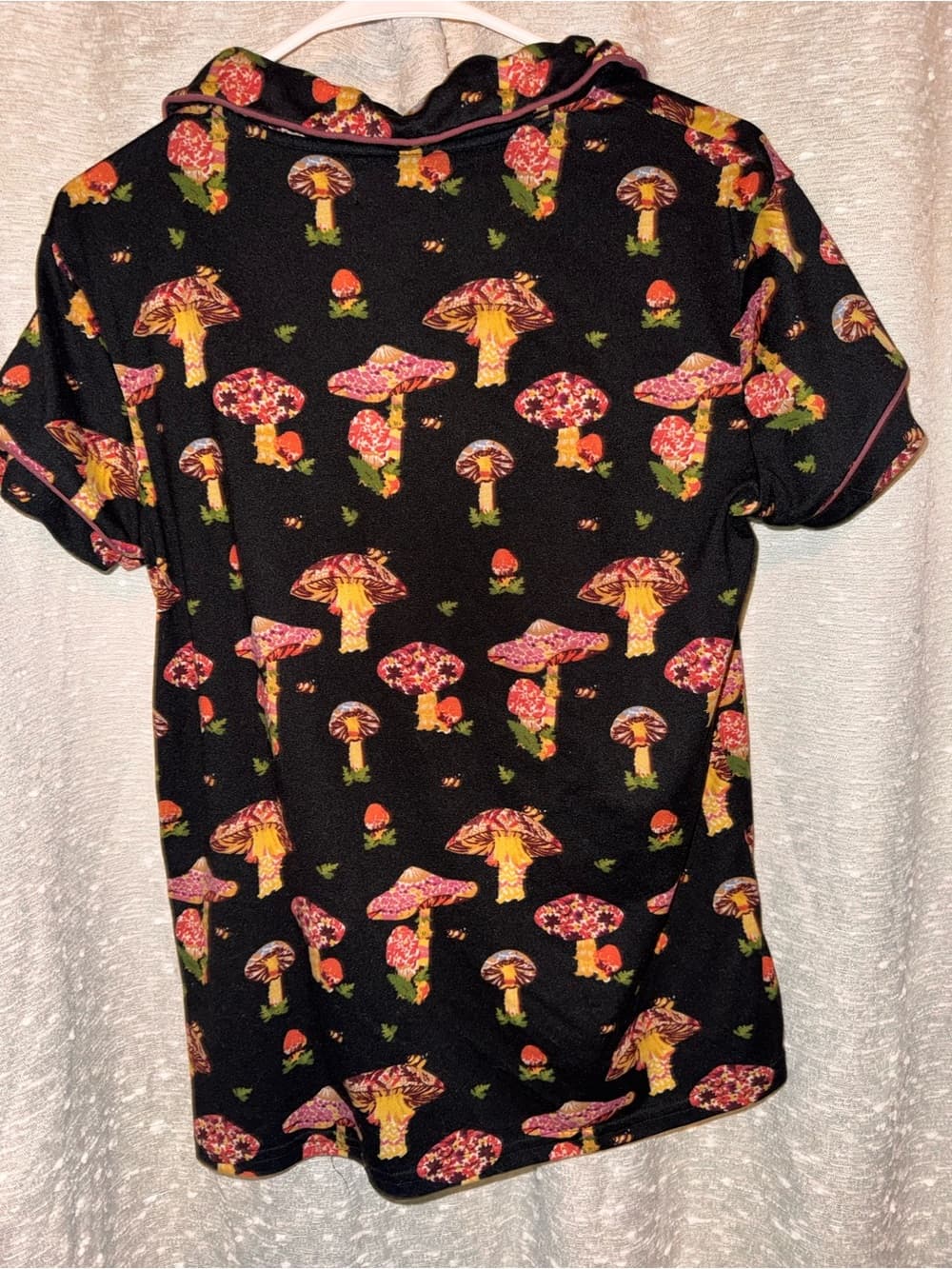 Women’s Black Mushroom-Print Short Sleeve Button Front Top