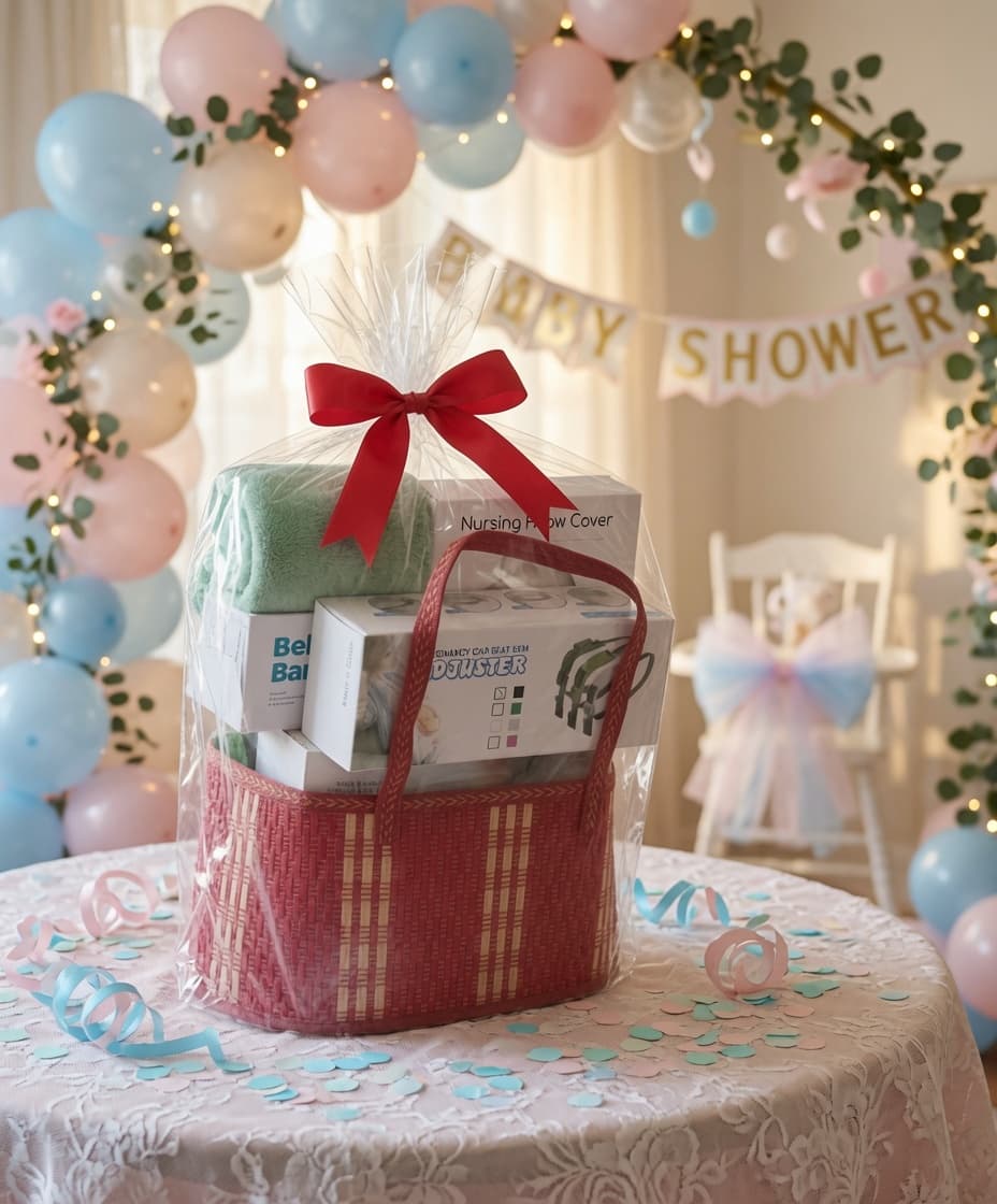 Postpartum Gift Basket Bundle New Mom - White Noise Machine, Heating Pad, Belly Bands, Nursing Pillow Covers, Car Seat Belt Adjuster