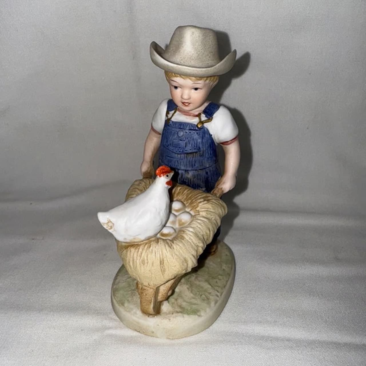 Denim Days Porcelain Figurine ~ "The Little Farmer” 1985 Homco #1501 Boy Chicken