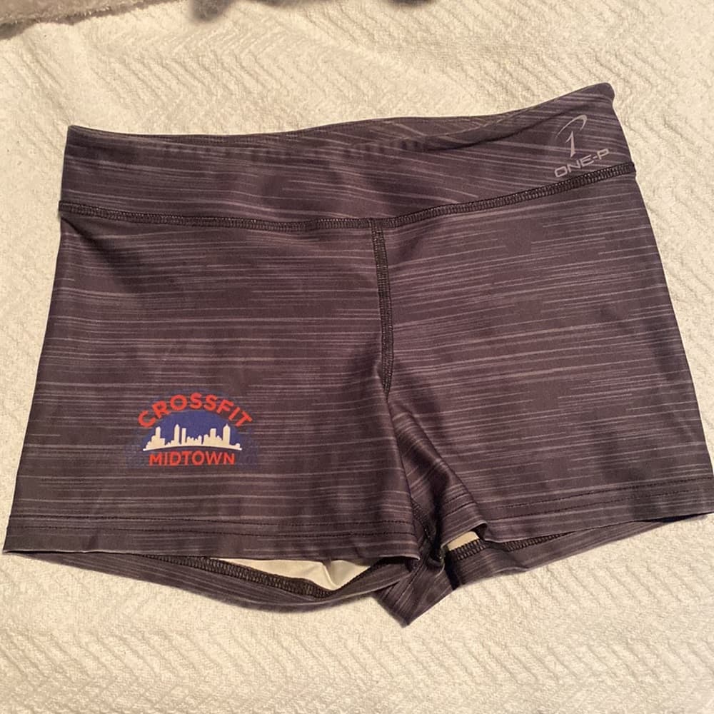 Two pair of gray Crossfit Midtown compression shorts