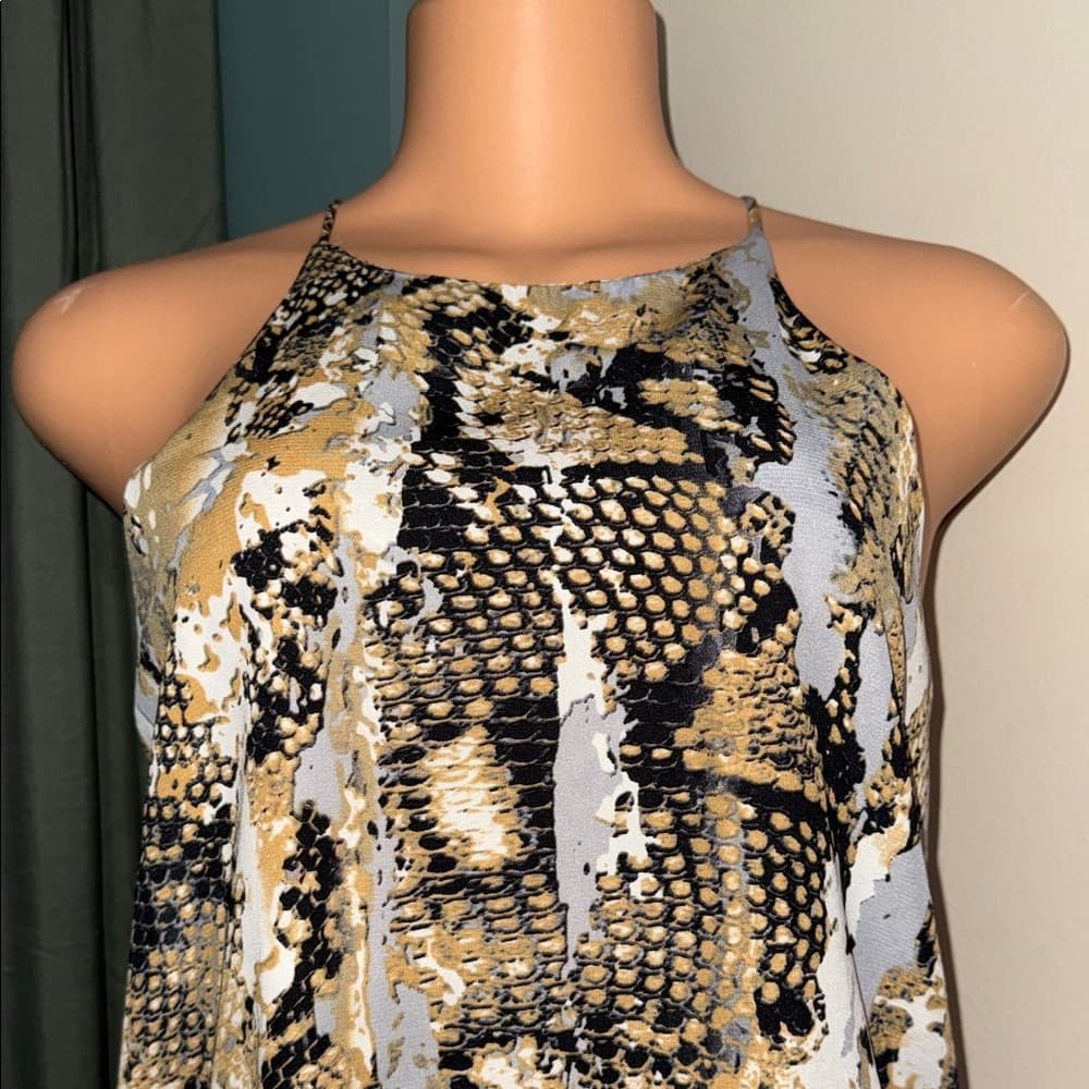 fab'rik Snake Print Mini Dress in Black, Gold, and Cream