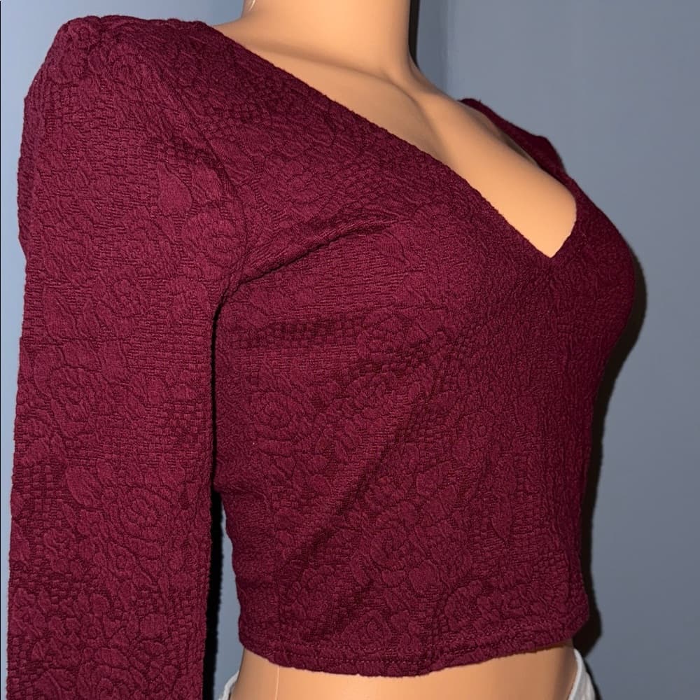 Forever 21 Burgundy Long Sleeve Crop Top - Size Small