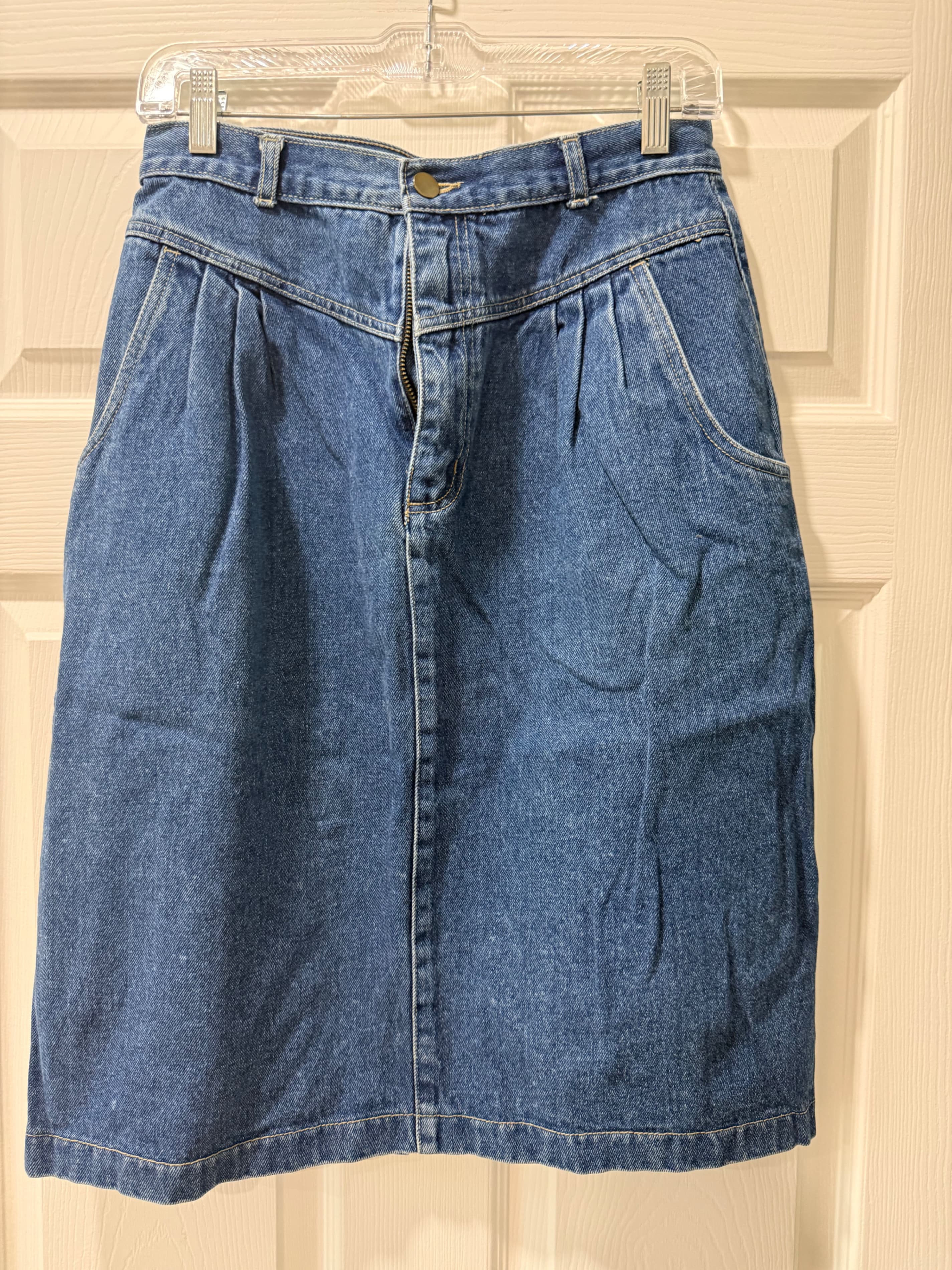 Denim Midi Skirt with Pleated Front and Pockets