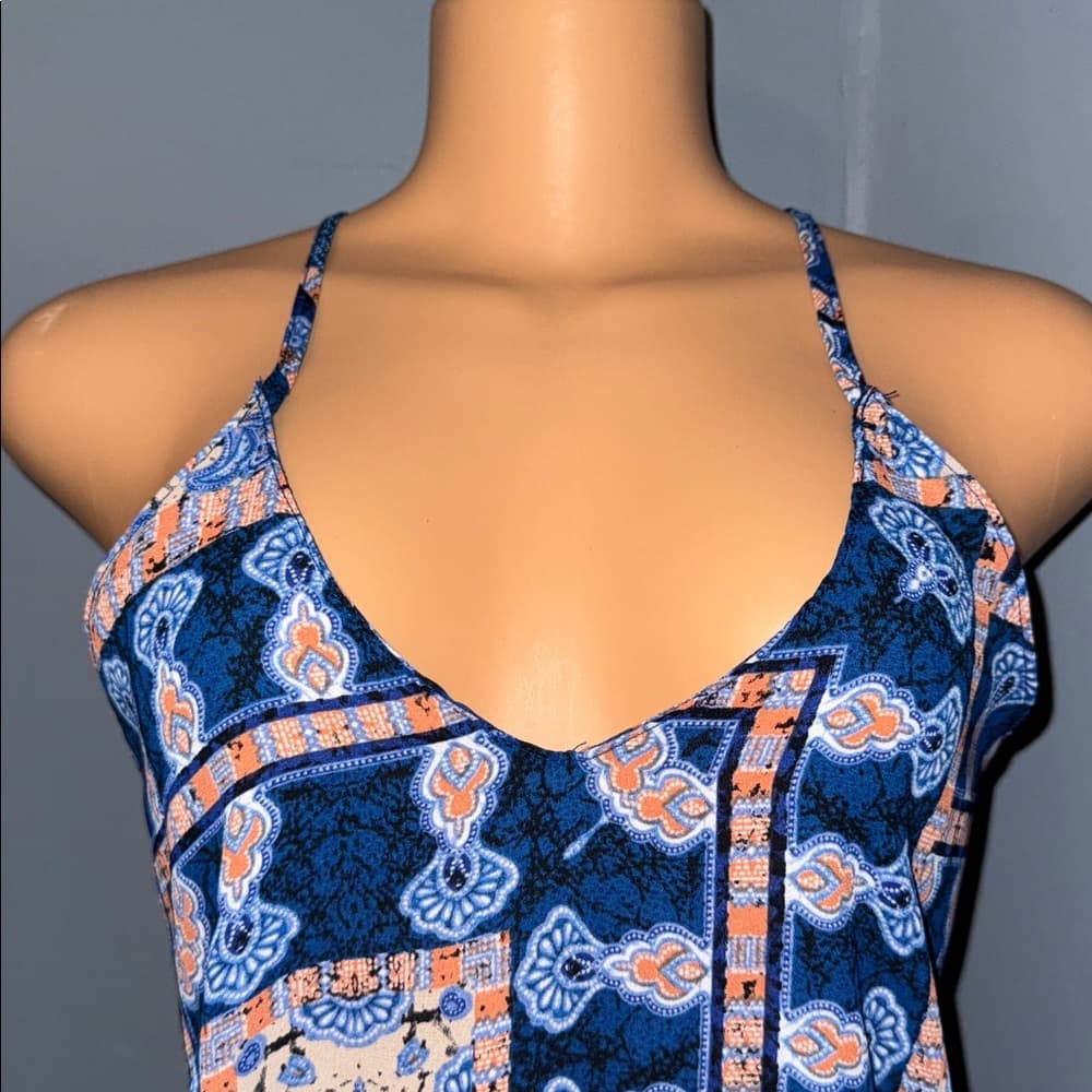 Fab’Rik Blue Patterned Spaghetti Strap Top - Size Medium
