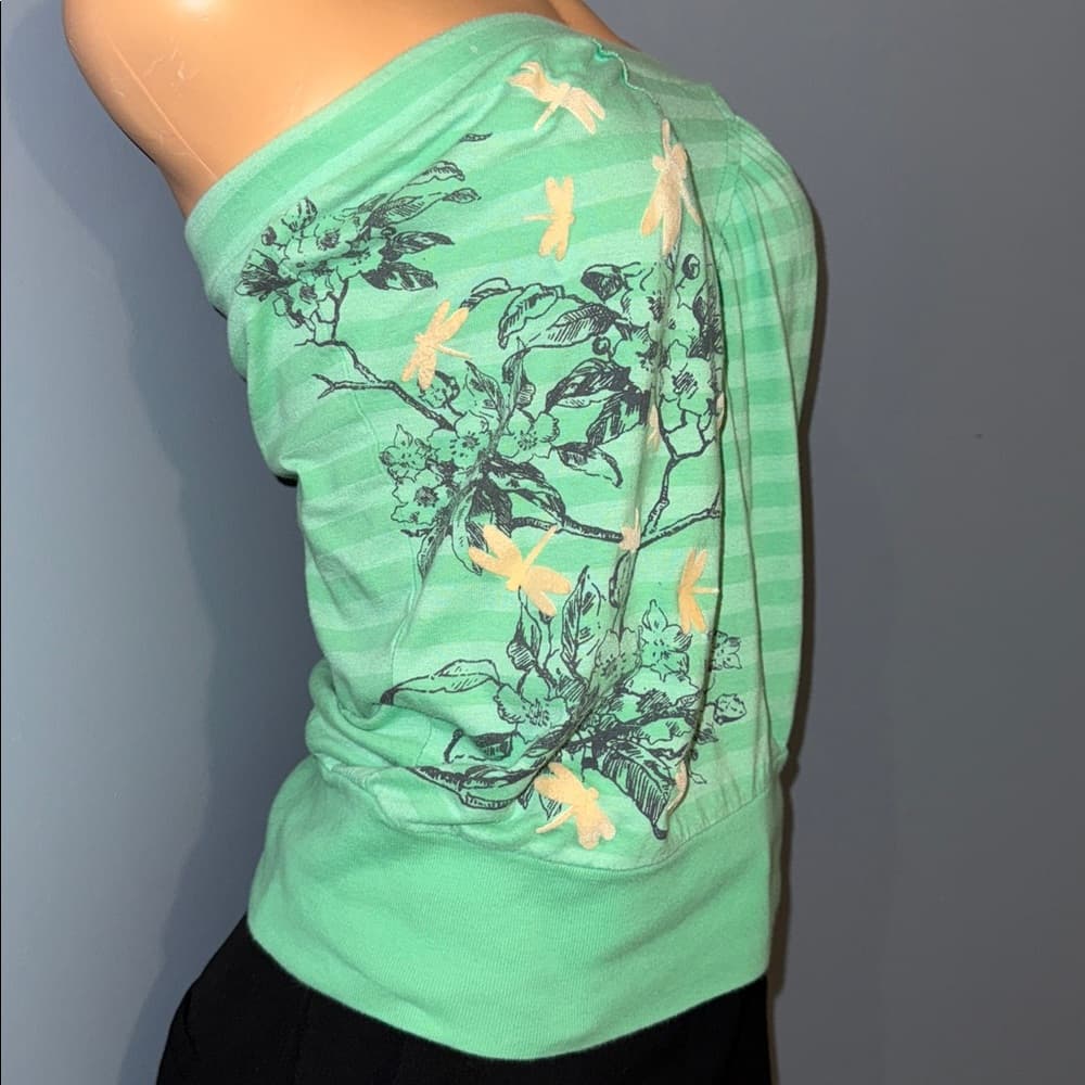 XS Green Strapless Top with Floral Design