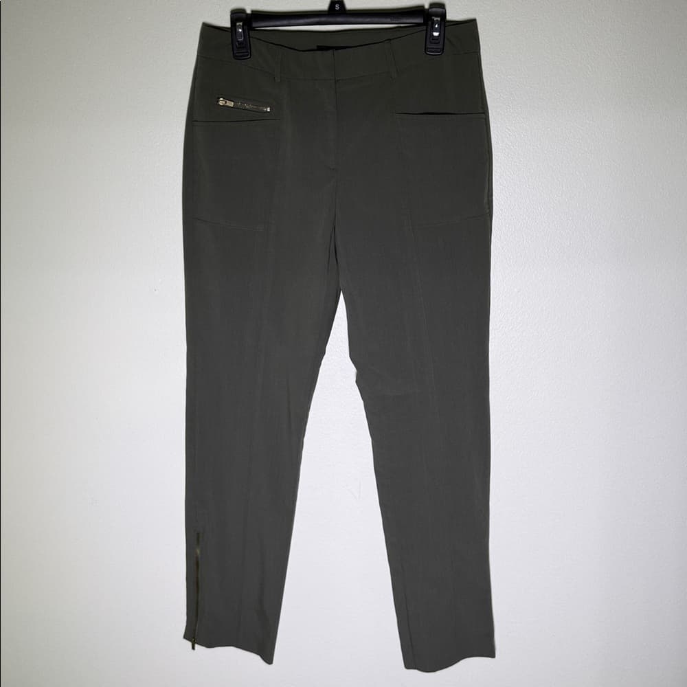 Olive green dress pants with zipper accents