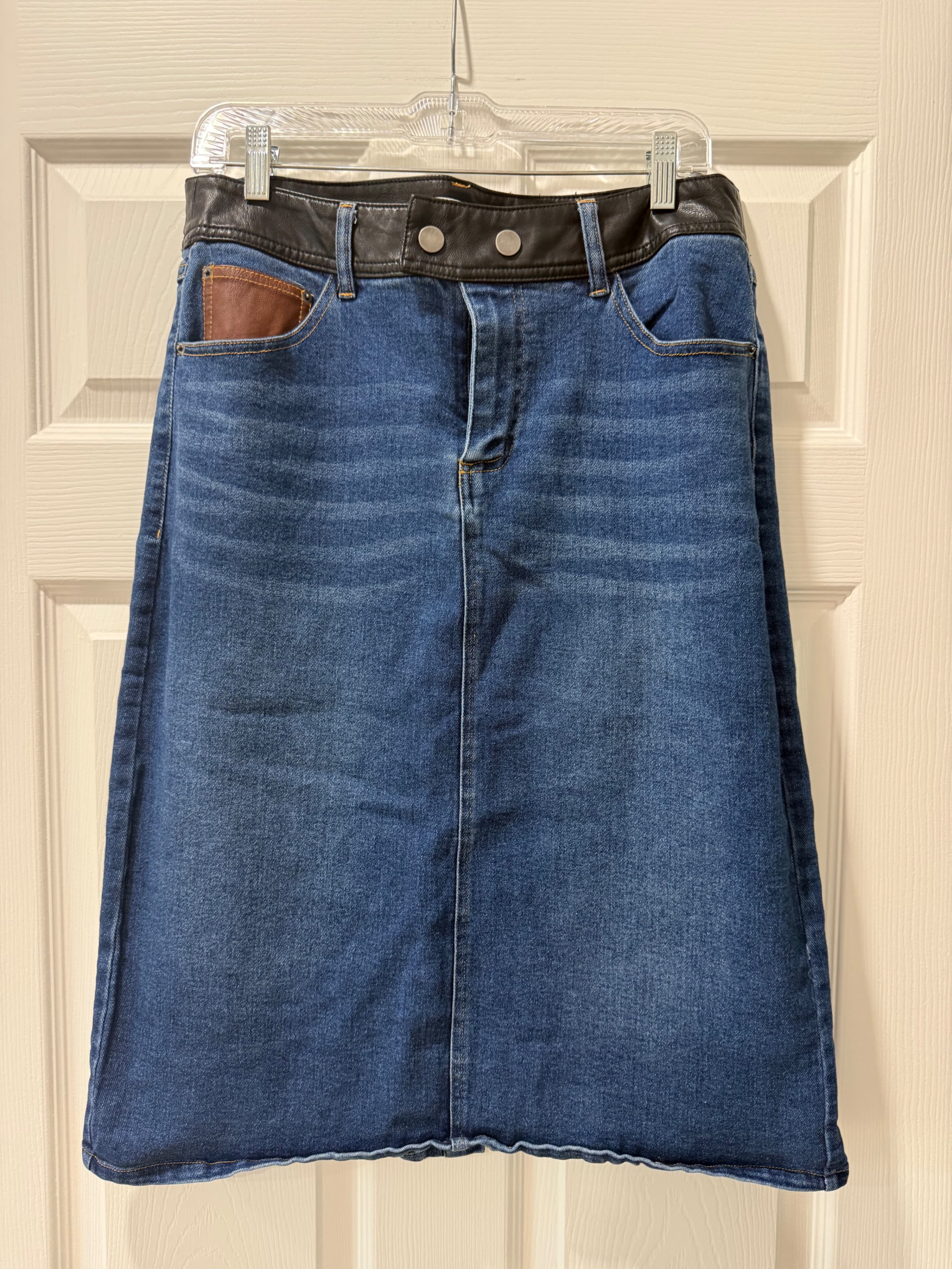 Denim Skirt with Leather Waistband and Snap Buttons