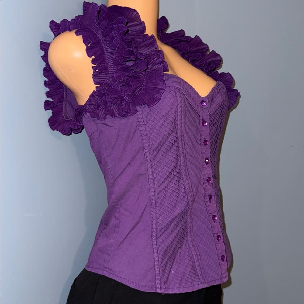 Elegant Purple Ruffled Cap Sleeve Blouse, Size Small