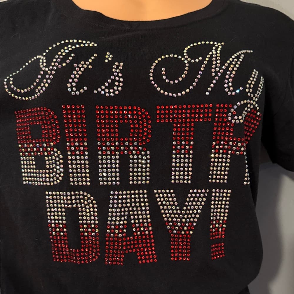 It's My Birthday!" Black Rhinestone T-Shirt, Size Large