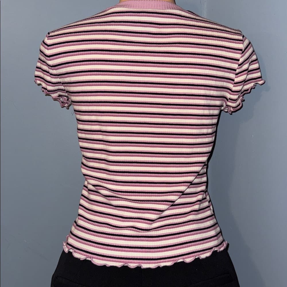 Trendy Striped Ruffle-Trim Tee, Size Medium