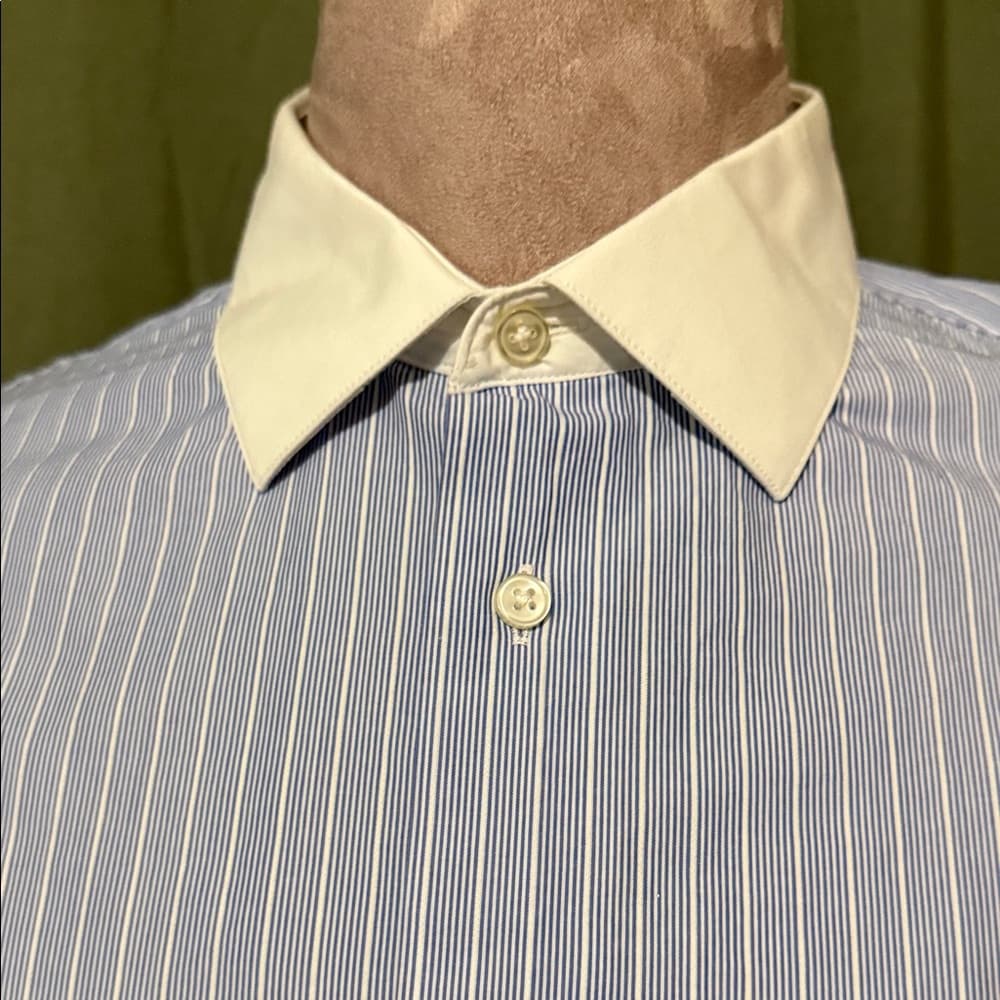 Calvin Klein Light Blue Striped Dress Shirt with White Collar