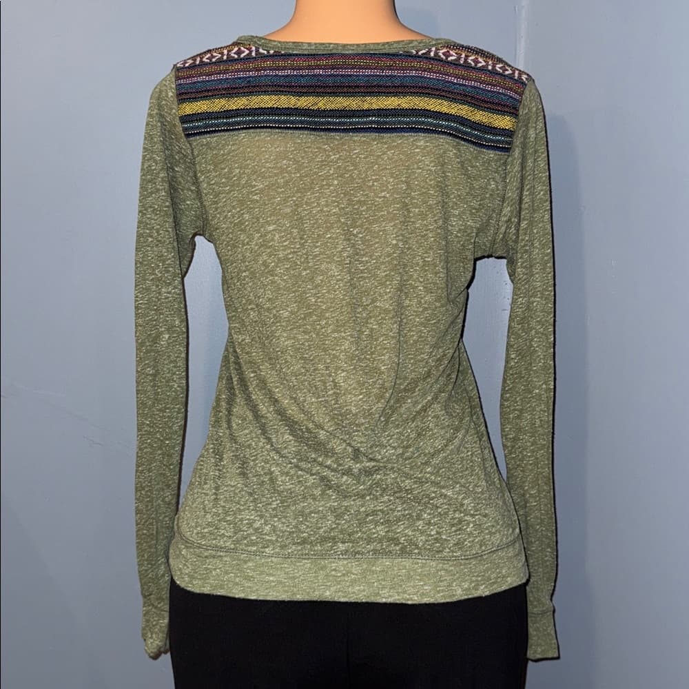 Stylish Moss Green Long Sleeve Top with Mesh and Woven Details, Size Small