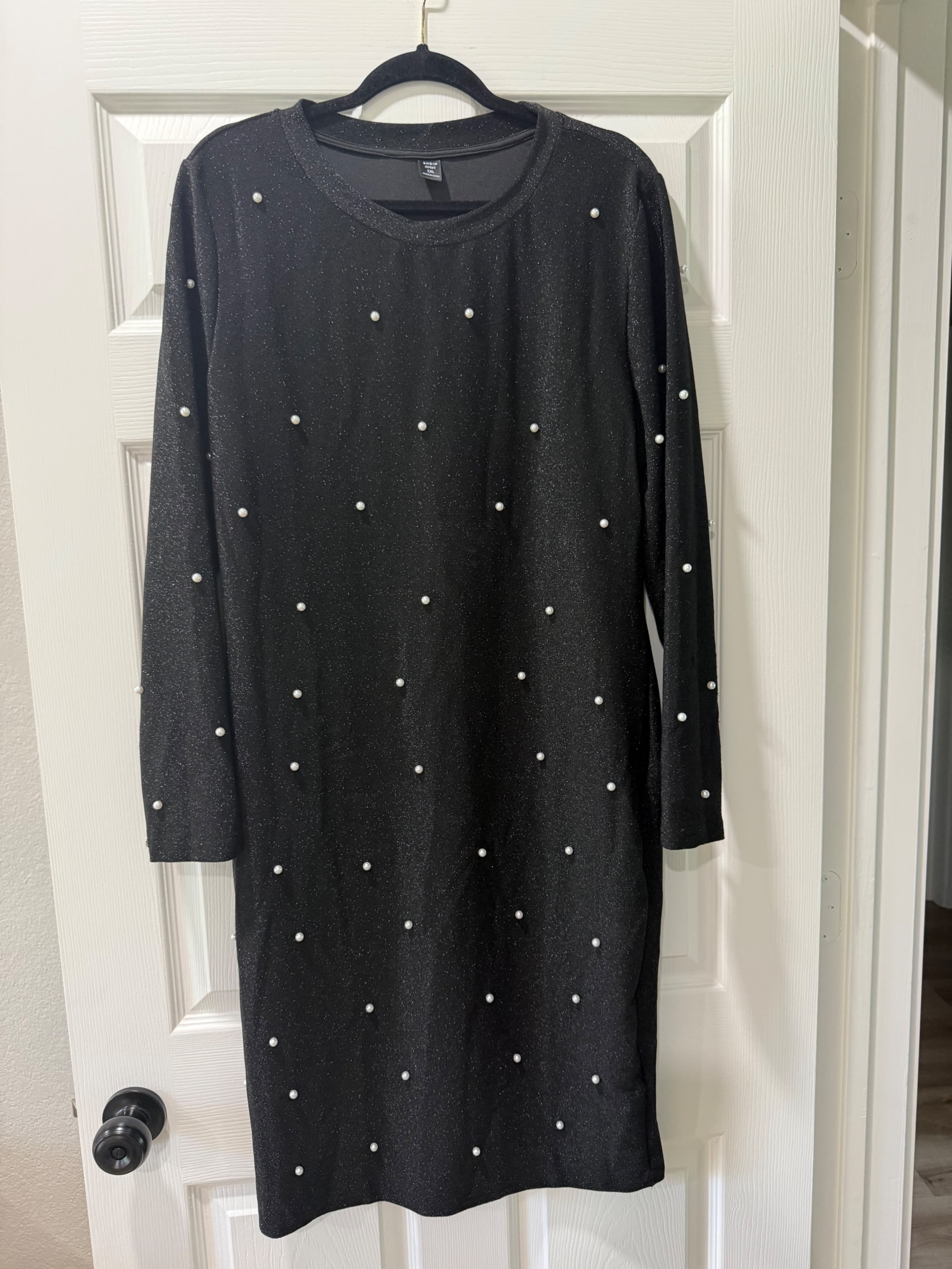 SHEIN Women's Black Long Sleeve Dress with Pearl Accents 1XL
